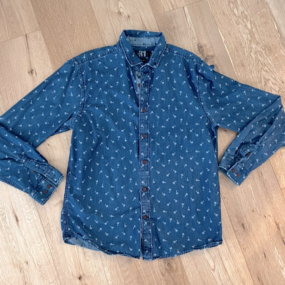 Simons Le 31 men’s collared jean shirt with palm tree pattern semi-fit medium